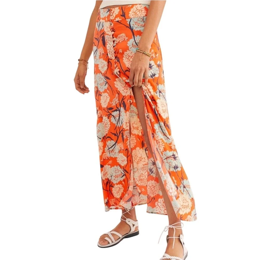 Free People Sammy Printed Maxi Skirt Size 6 Orange Floral Tiger Button Front